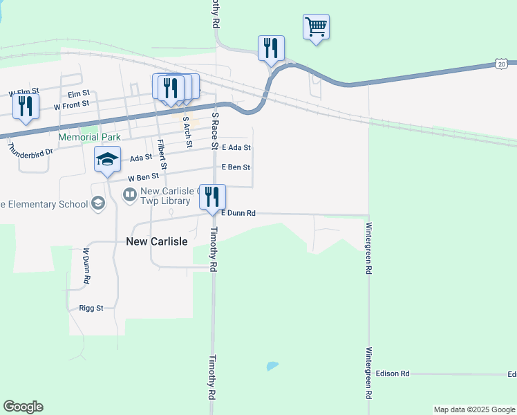 map of restaurants, bars, coffee shops, grocery stores, and more near 32700 East Dunn Road in New Carlisle