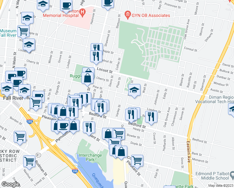 map of restaurants, bars, coffee shops, grocery stores, and more near 33 Platt Street in Fall River