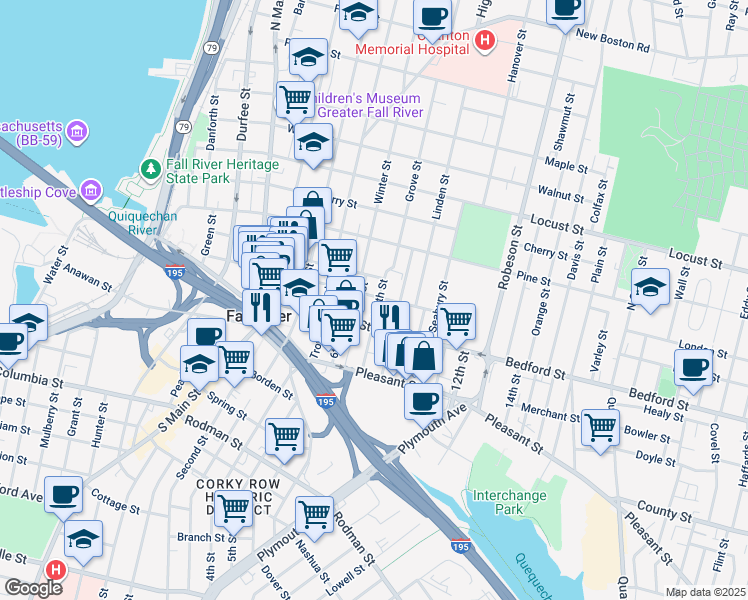 map of restaurants, bars, coffee shops, grocery stores, and more near 24 Oak Street in Fall River