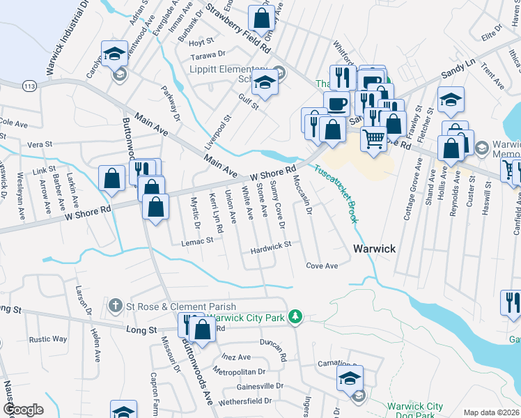map of restaurants, bars, coffee shops, grocery stores, and more near 70 Stone Avenue in Warwick