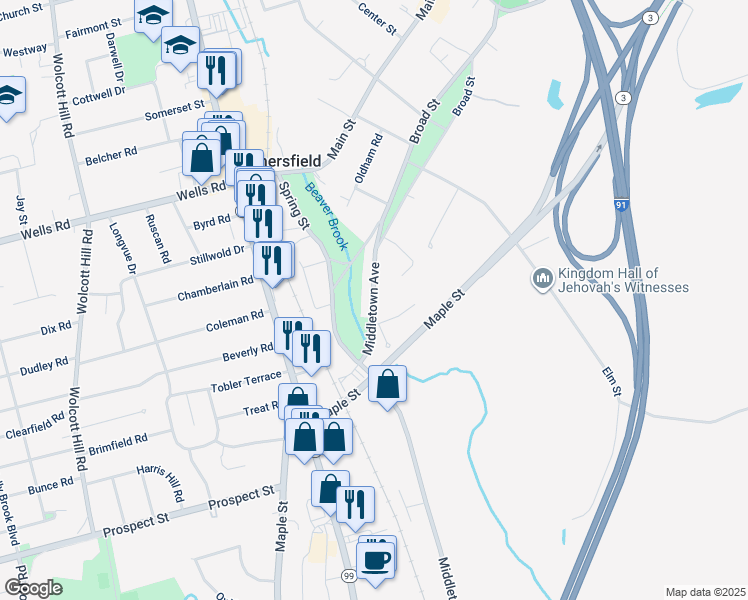map of restaurants, bars, coffee shops, grocery stores, and more near 57 Middletown Avenue in Wethersfield