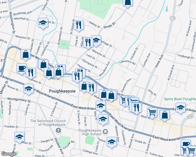 map of restaurants, bars, coffee shops, grocery stores, and more near 29 North White Street in Poughkeepsie