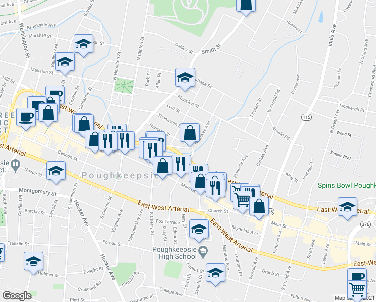 map of restaurants, bars, coffee shops, grocery stores, and more near 29 North White Street in Poughkeepsie