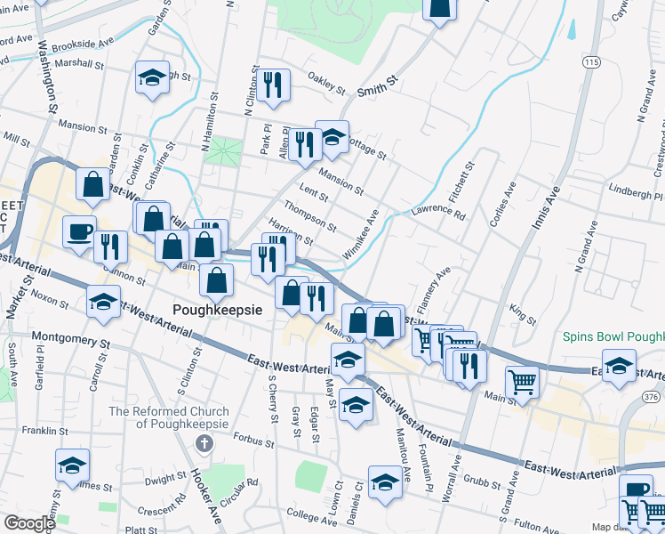map of restaurants, bars, coffee shops, grocery stores, and more near 29 North White Street in Poughkeepsie