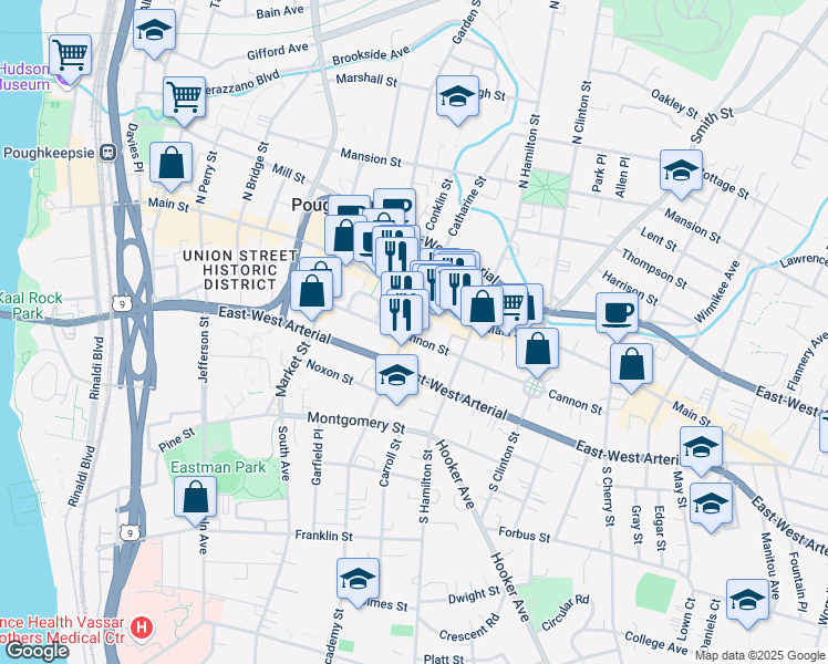 map of restaurants, bars, coffee shops, grocery stores, and more near 29 Academy Street in Poughkeepsie