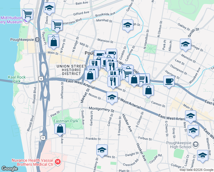 map of restaurants, bars, coffee shops, grocery stores, and more near 192 U.S. 44 in Poughkeepsie