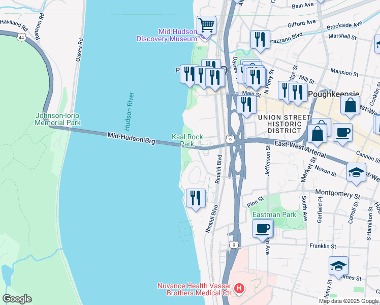 map of restaurants, bars, coffee shops, grocery stores, and more near 68 Gerald Drive in Poughkeepsie