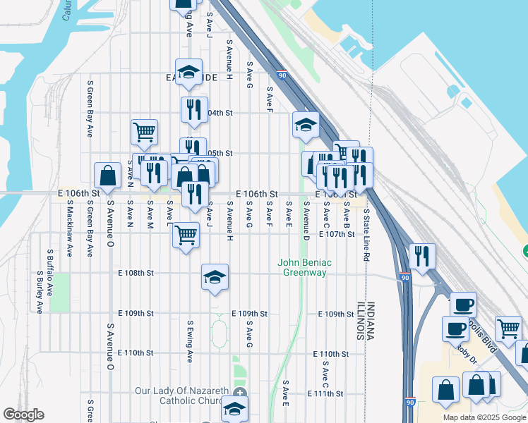 map of restaurants, bars, coffee shops, grocery stores, and more near 10638 South Avenue F in Chicago