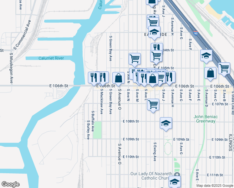 map of restaurants, bars, coffee shops, grocery stores, and more near 10643 South Avenue O in Chicago