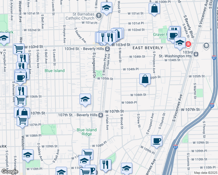 map of restaurants, bars, coffee shops, grocery stores, and more near 10557 South Hale Avenue in Chicago
