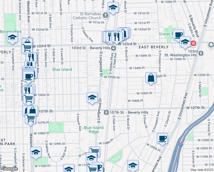 map of restaurants, bars, coffee shops, grocery stores, and more near 10547 South Longwood Drive in Chicago