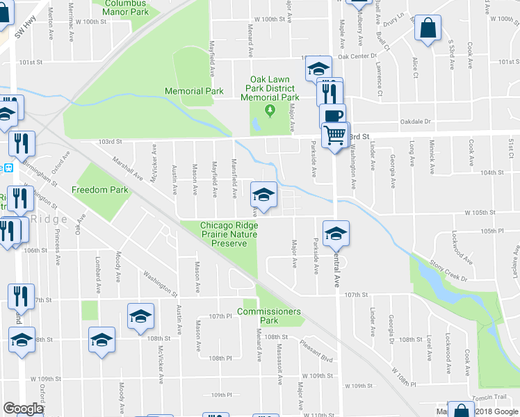 map of restaurants, bars, coffee shops, grocery stores, and more near 5800 West 105th Street in Oak Lawn