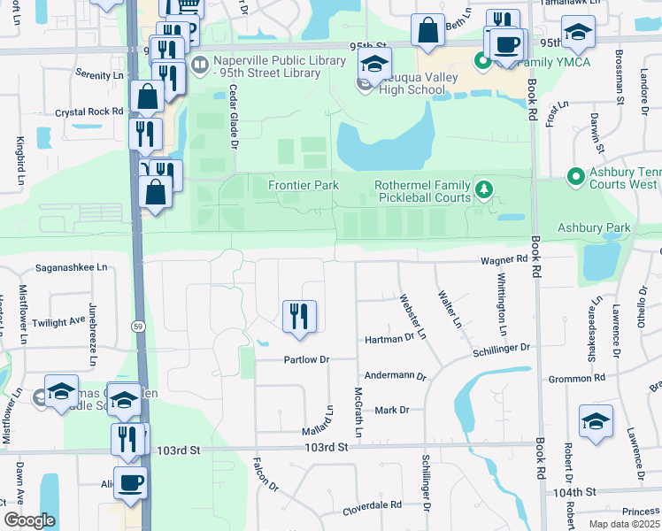 map of restaurants, bars, coffee shops, grocery stores, and more near 11S452 McGrath Lane in Naperville
