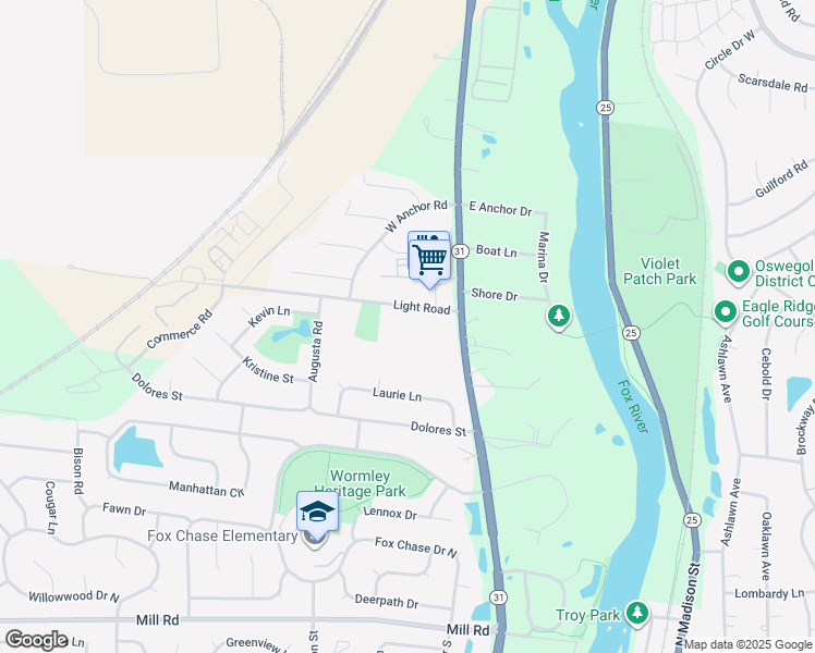 map of restaurants, bars, coffee shops, grocery stores, and more near 2400 Light Road in Oswego
