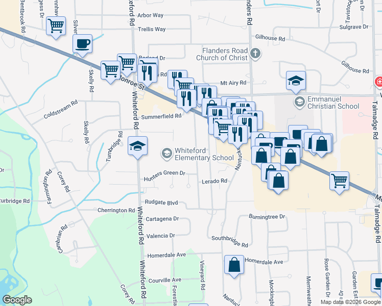 map of restaurants, bars, coffee shops, grocery stores, and more near 4705 Vineyard Road in Toledo