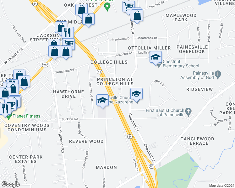 map of restaurants, bars, coffee shops, grocery stores, and more near 436 Station 44 Pl in Painesville