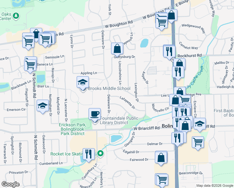 map of restaurants, bars, coffee shops, grocery stores, and more near 230 Lafayette Drive in Bolingbrook