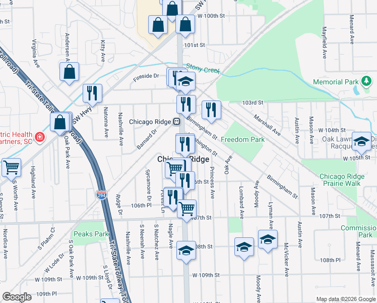 map of restaurants, bars, coffee shops, grocery stores, and more near in Chicago Ridge
