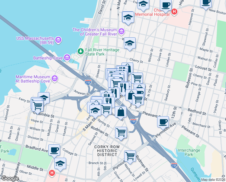 map of restaurants, bars, coffee shops, grocery stores, and more near 0 Bedford Street in Fall River
