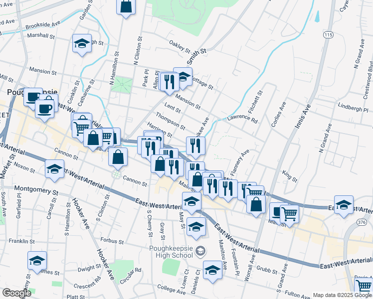 map of restaurants, bars, coffee shops, grocery stores, and more near 108 Winnikee Avenue in Poughkeepsie