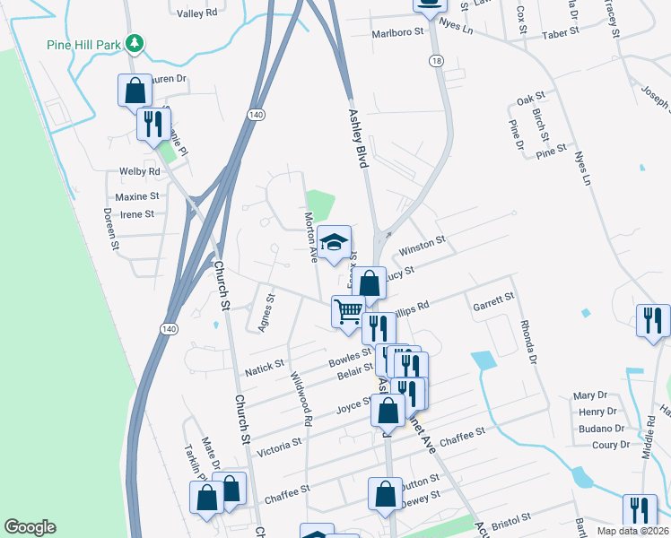 map of restaurants, bars, coffee shops, grocery stores, and more near 145 Essex Street in New Bedford