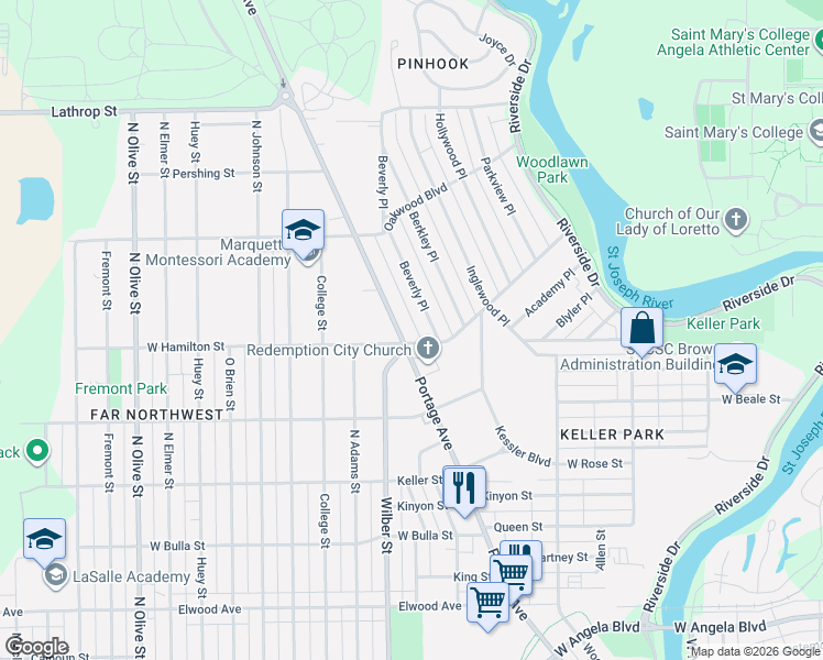 map of restaurants, bars, coffee shops, grocery stores, and more near 1422 Woodlawn Boulevard in South Bend