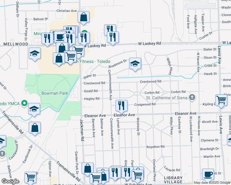 map of restaurants, bars, coffee shops, grocery stores, and more near 4603 Manorwood Road in Toledo