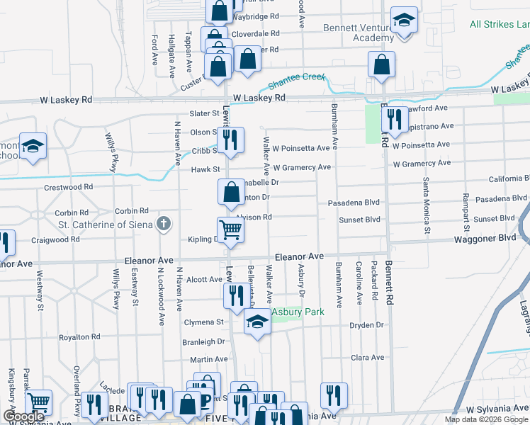 map of restaurants, bars, coffee shops, grocery stores, and more near 4605 Walker Avenue in Toledo