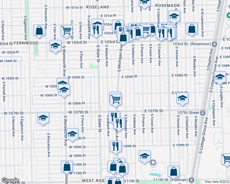 map of restaurants, bars, coffee shops, grocery stores, and more near 10604 South Michigan Avenue in Chicago