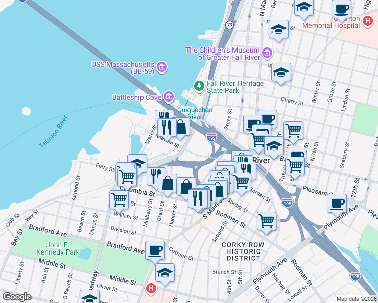 map of restaurants, bars, coffee shops, grocery stores, and more near Anawan Street in Fall River