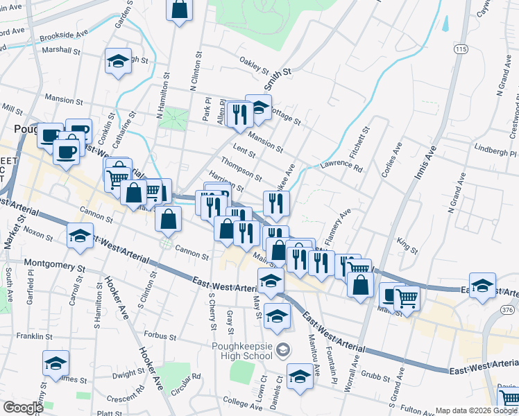 map of restaurants, bars, coffee shops, grocery stores, and more near 29 North White Street in Poughkeepsie