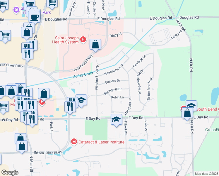 map of restaurants, bars, coffee shops, grocery stores, and more near 15656 Springmill Drive in Mishawaka