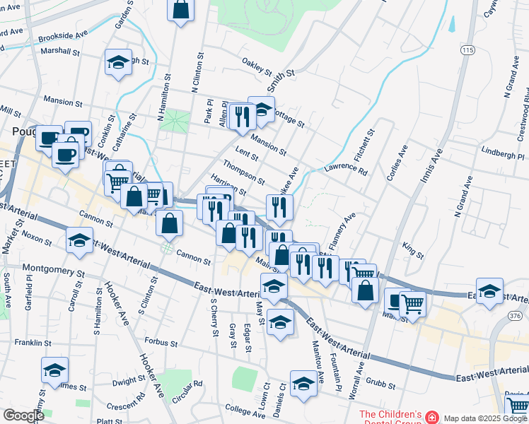 map of restaurants, bars, coffee shops, grocery stores, and more near 106 Winnikee Avenue in Poughkeepsie