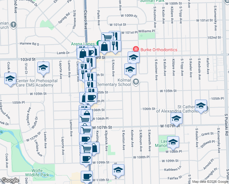 map of restaurants, bars, coffee shops, grocery stores, and more near 4617 105th Street in Oak Lawn