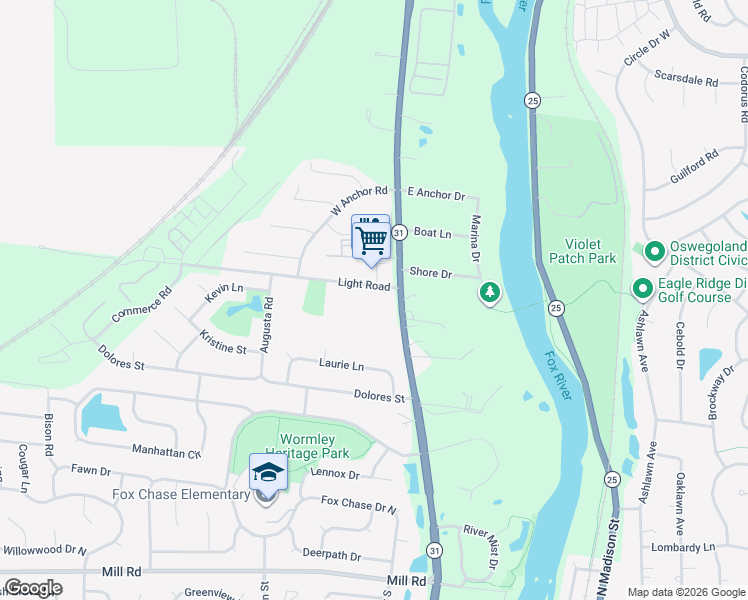 map of restaurants, bars, coffee shops, grocery stores, and more near 2400 Light Road in Oswego