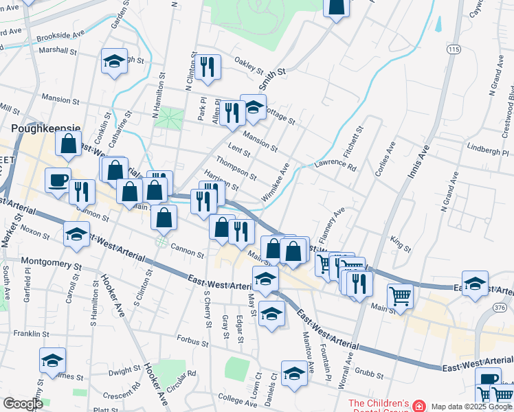 map of restaurants, bars, coffee shops, grocery stores, and more near 29 North White Street in Poughkeepsie