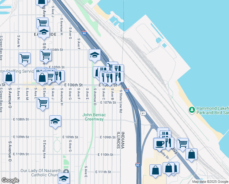 map of restaurants, bars, coffee shops, grocery stores, and more near 10621 South Avenue B in Chicago