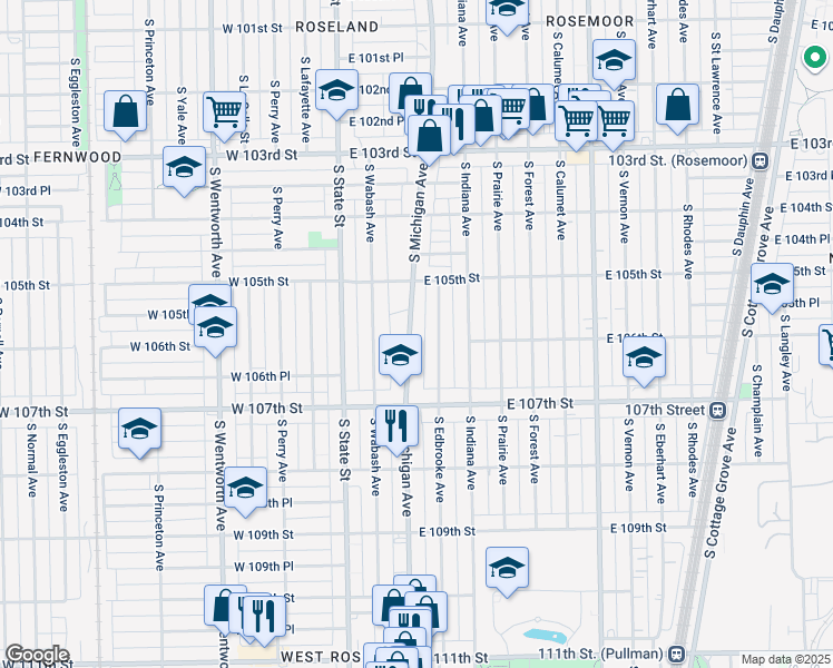 map of restaurants, bars, coffee shops, grocery stores, and more near 10545 South Michigan Avenue in Chicago