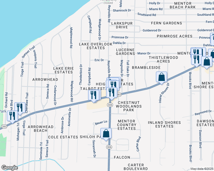 map of restaurants, bars, coffee shops, grocery stores, and more near 7341 Lakeshore Boulevard in Mentor