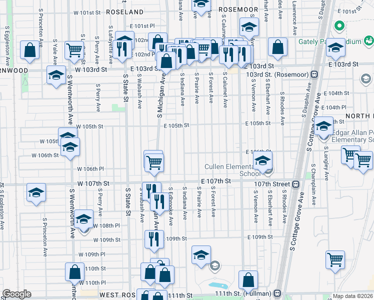 map of restaurants, bars, coffee shops, grocery stores, and more near 10557 South Indiana Avenue in Chicago
