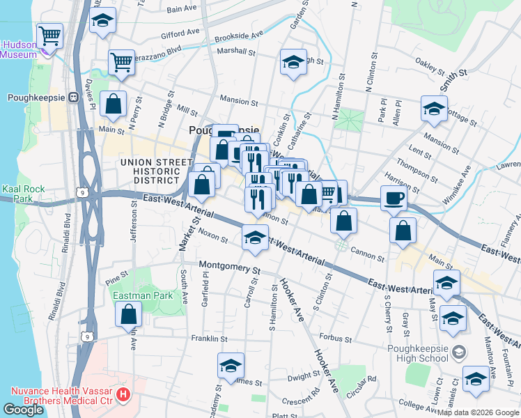 map of restaurants, bars, coffee shops, grocery stores, and more near 29 Academy Street in Poughkeepsie
