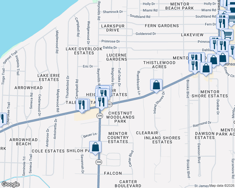 map of restaurants, bars, coffee shops, grocery stores, and more near 6242 Tall Oaks Drive in Mentor