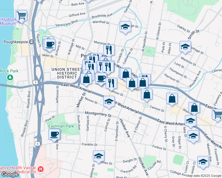 map of restaurants, bars, coffee shops, grocery stores, and more near 26 Academy Street in Poughkeepsie