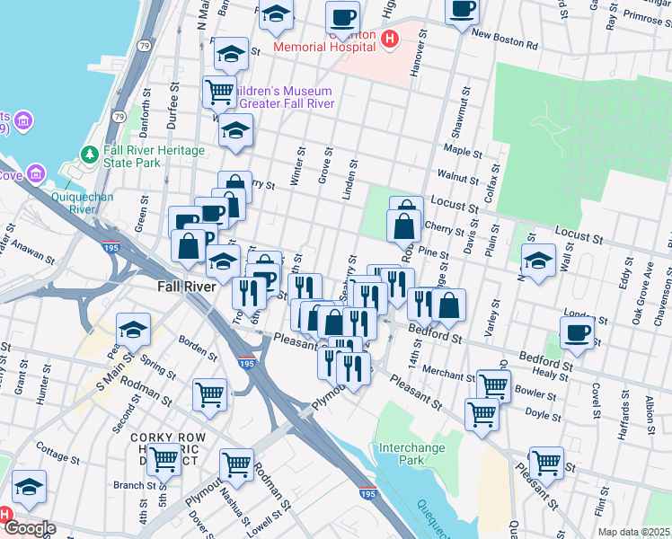 map of restaurants, bars, coffee shops, grocery stores, and more near 530 Bank Street in Fall River