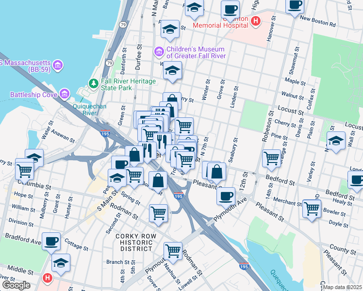 map of restaurants, bars, coffee shops, grocery stores, and more near 158 Bedford Street in Fall River