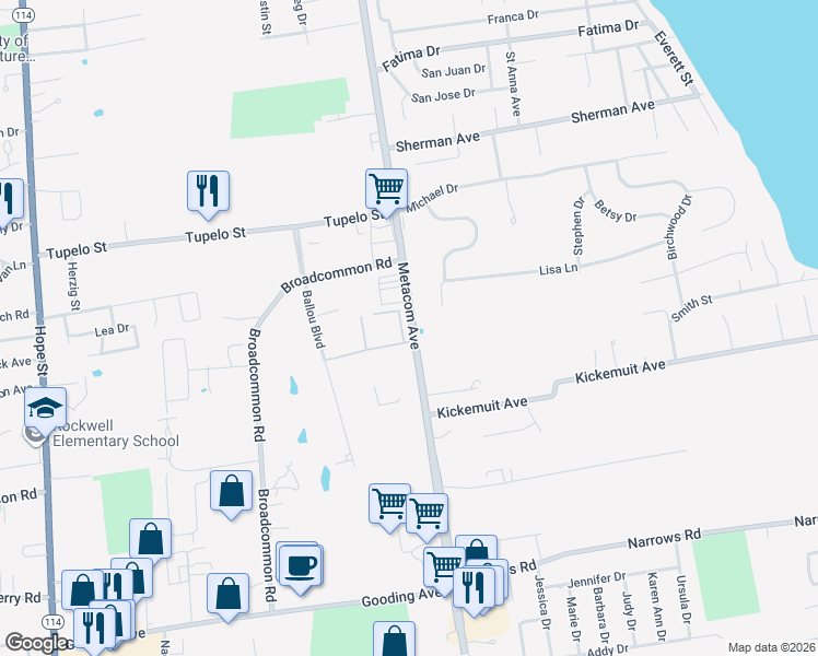 map of restaurants, bars, coffee shops, grocery stores, and more near 665 Metacom Avenue in Bristol