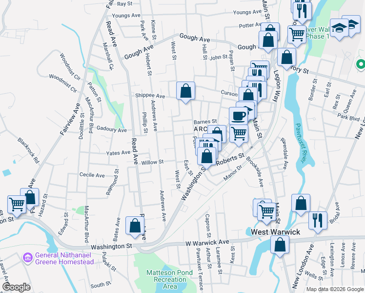 map of restaurants, bars, coffee shops, grocery stores, and more near 52 East Street in West Warwick
