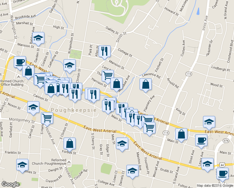 map of restaurants, bars, coffee shops, grocery stores, and more near 29 North White Street in Poughkeepsie
