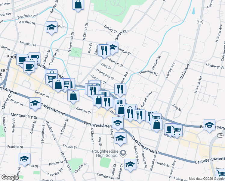 map of restaurants, bars, coffee shops, grocery stores, and more near 29 North White Street in Poughkeepsie