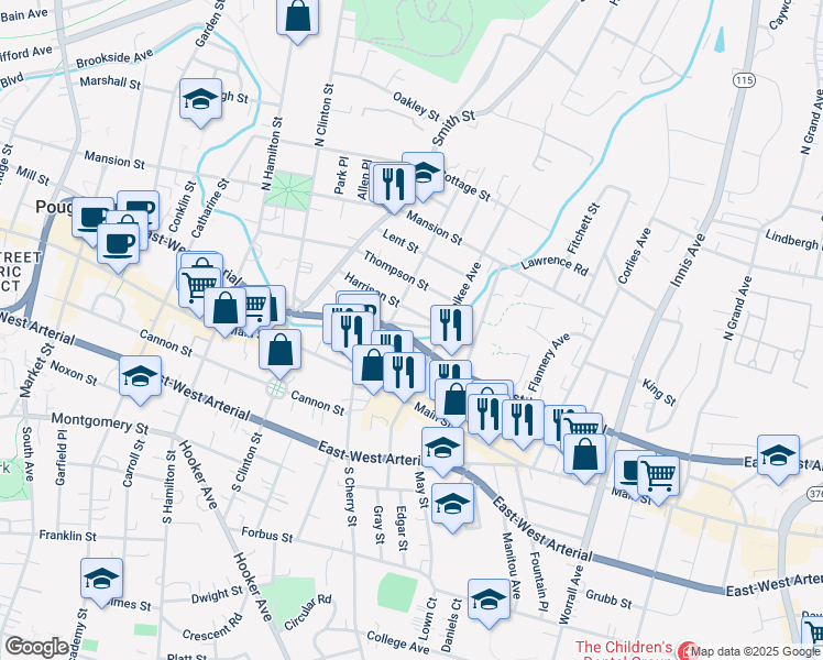 map of restaurants, bars, coffee shops, grocery stores, and more near 29 North White Street in Poughkeepsie